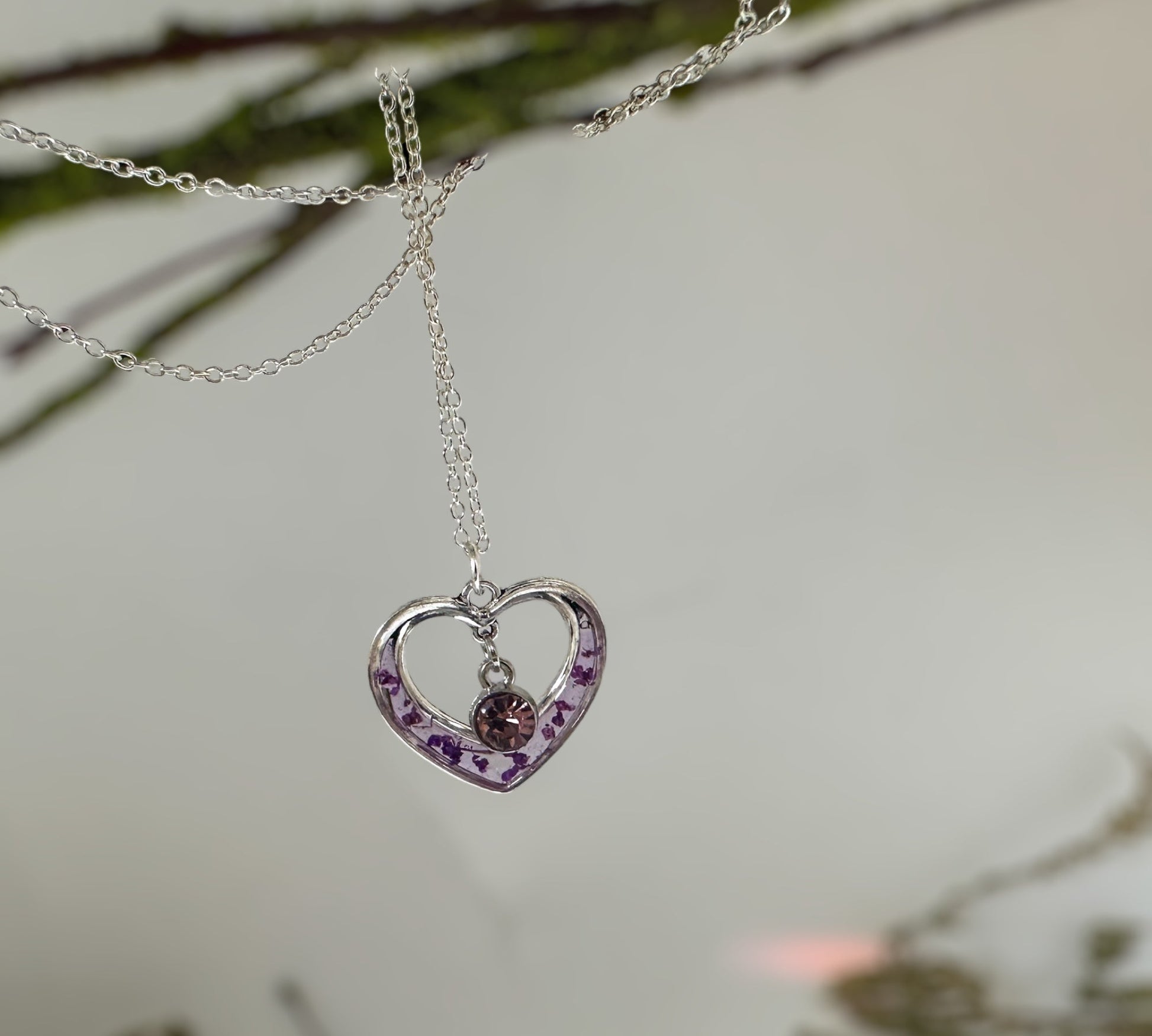 Blooming Hearts: Pressed Flower Red & Purple Petal Heart Pendant