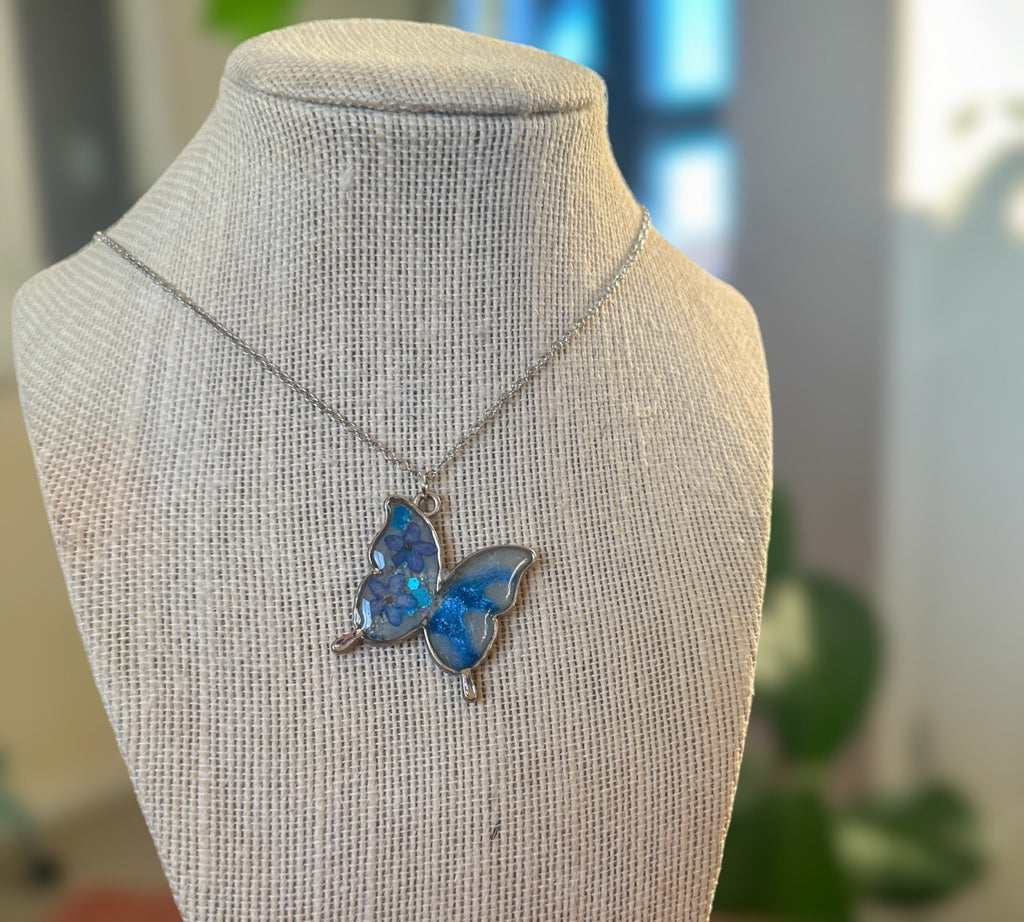 Butterfly Pendant - Dried Flowers & Petals with Mother of Pearl  - Nature's Ballet