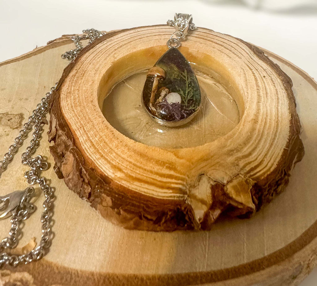 Mini Forest: Teardrop Pendant with Northern Lights and Mushrooms