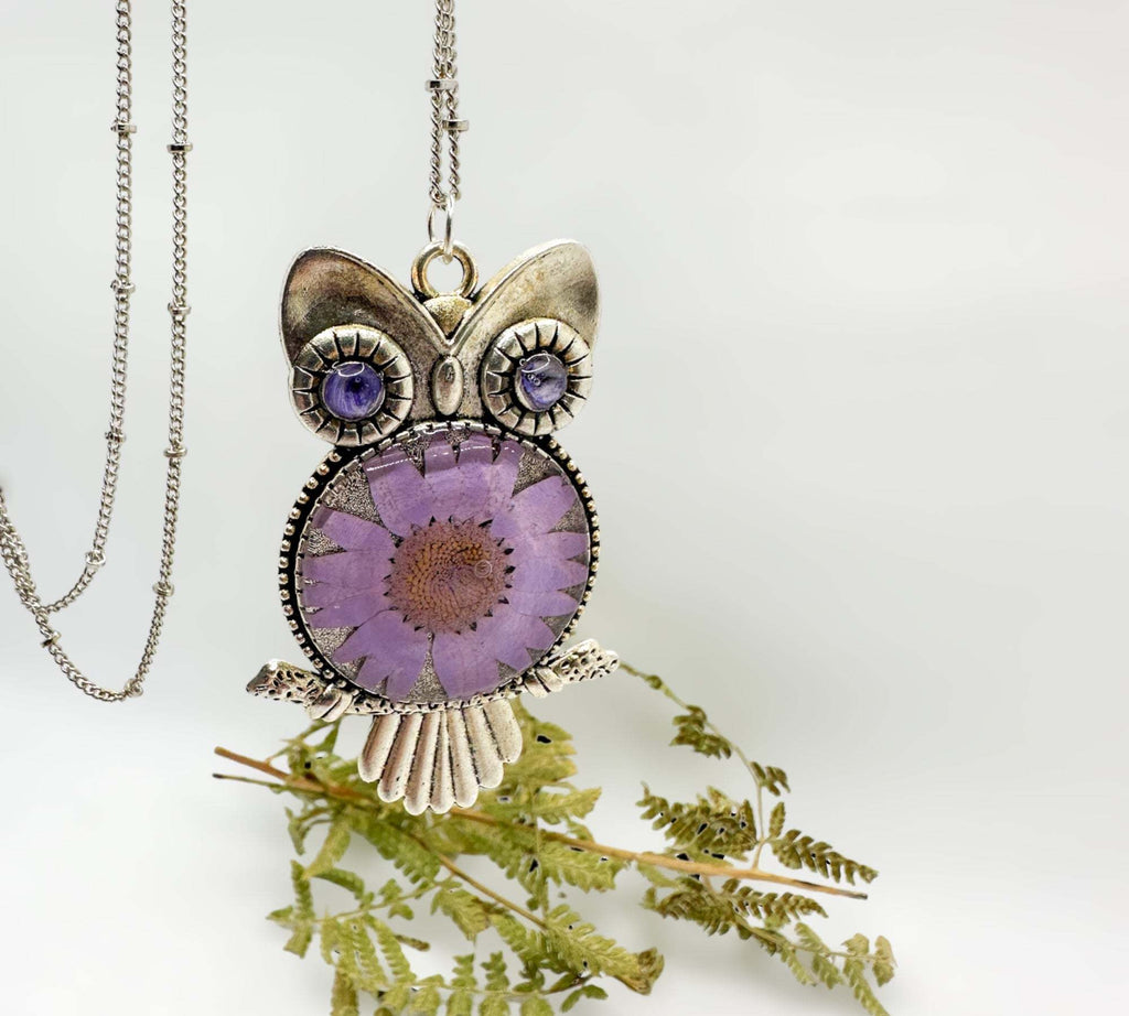 Purple Bloom Owls: Exquisite Silver Owl Pendants with Real Dried Flowers
