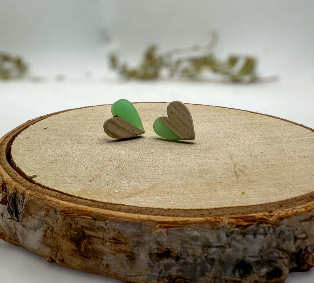 Heartfelt Boho Bliss: Whimsical Wood and Teal Resin Heart Earrings