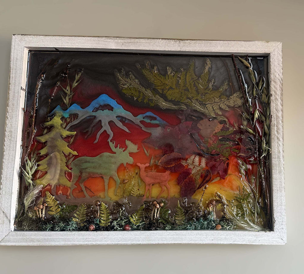 Majestic Wilderness - Tableau en résine représentant un coucher de soleil enchanteur dans une forêt
