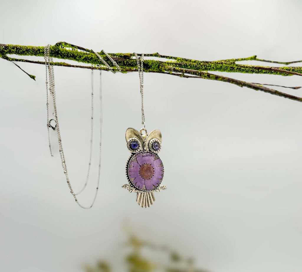 Purple Bloom Owls: Exquisite Silver Owl Pendants with Real Dried Flowers