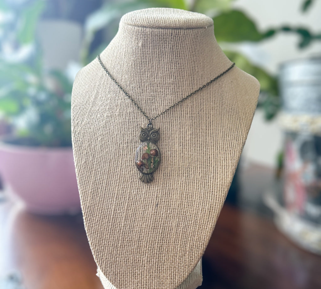 Enchanting Owl Mushroom Forest Pendant - Dried Ferns and Mushrooms