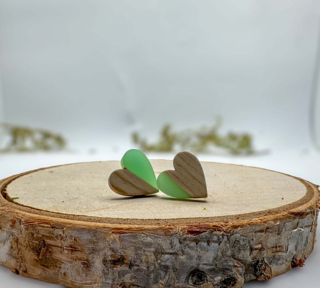 Heartfelt Boho Bliss: Whimsical Wood and Teal Resin Heart Earrings