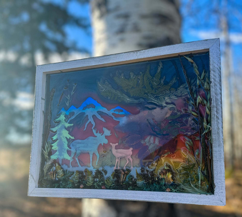 Majestic Wilderness - Tableau en résine représentant un coucher de soleil enchanteur dans une forêt