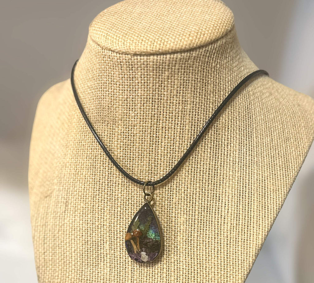 Mini Forest: Teardrop Pendant with Northern Lights and Mushrooms