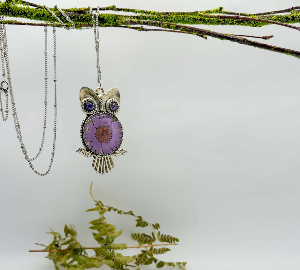 Purple Bloom Owls: Exquisite Silver Owl Pendants with Real Dried Flowers