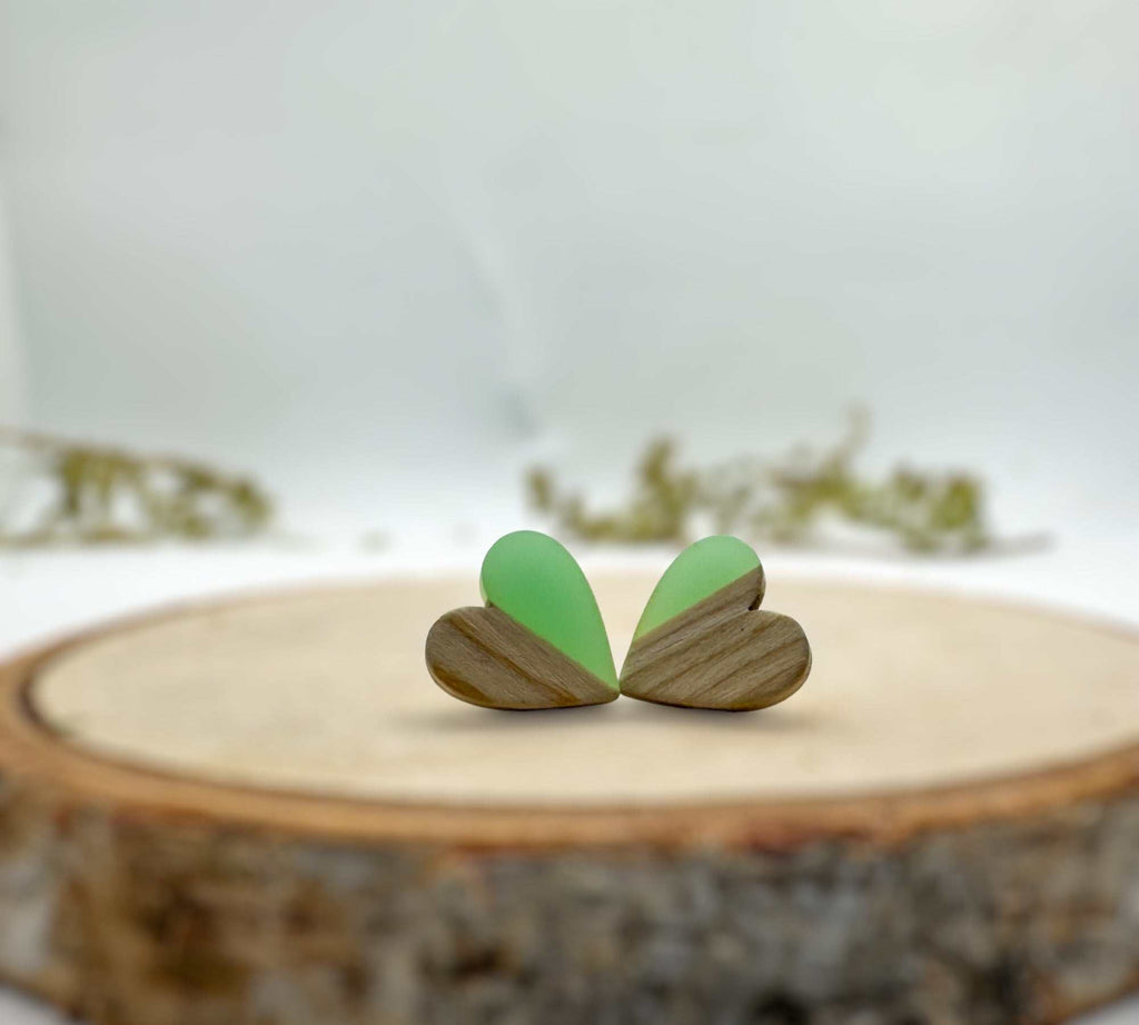 Heartfelt Boho Bliss: Whimsical Wood and Teal Resin Heart Earrings