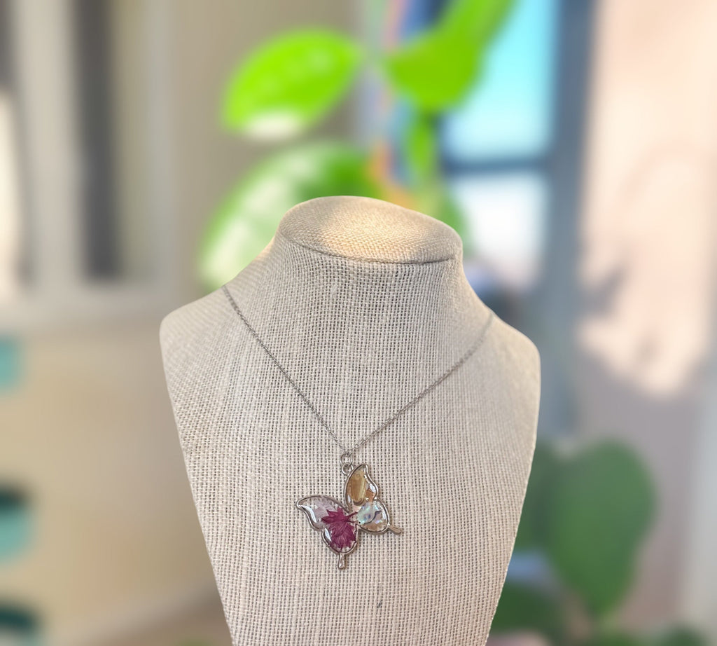 Butterfly Pendant - Dried Flowers & Petals with Mother of Pearl  - Nature's Ballet