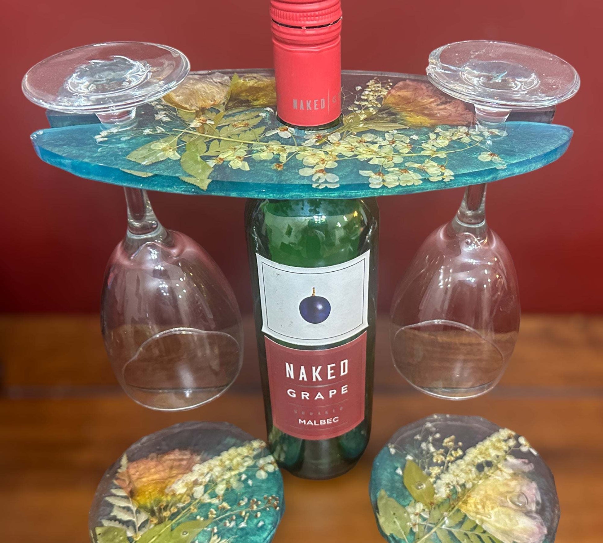 Présentoir à verres à vin avec 2 sous-verres - Thème jardin avec accents bleu sarcelle