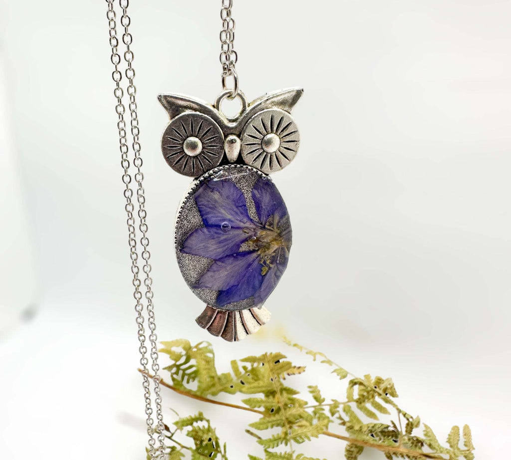Purple Bloom Owls: Exquisite Silver Owl Pendants with Real Dried Flowers