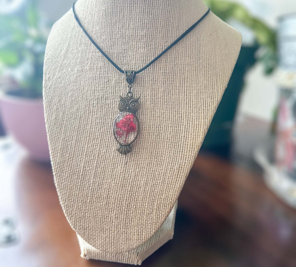 Owl Pendant - Red Blooms and Butterflies - Pressed Flower Necklace