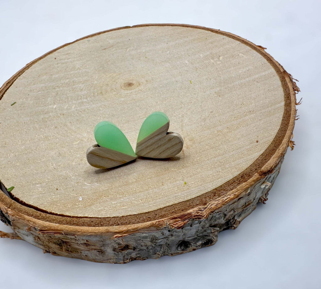 Heartfelt Boho Bliss: Whimsical Wood and Teal Resin Heart Earrings