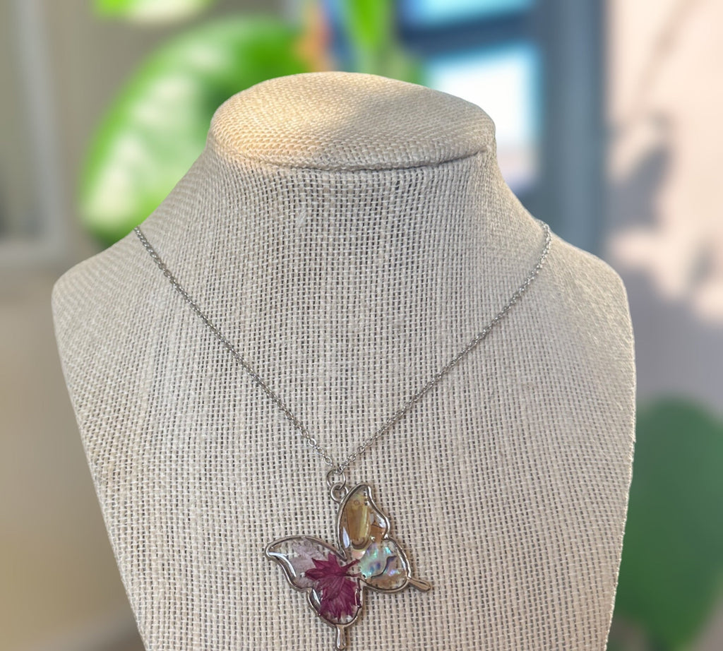 Butterfly Pendant - Dried Flowers & Petals with Mother of Pearl  - Nature's Ballet