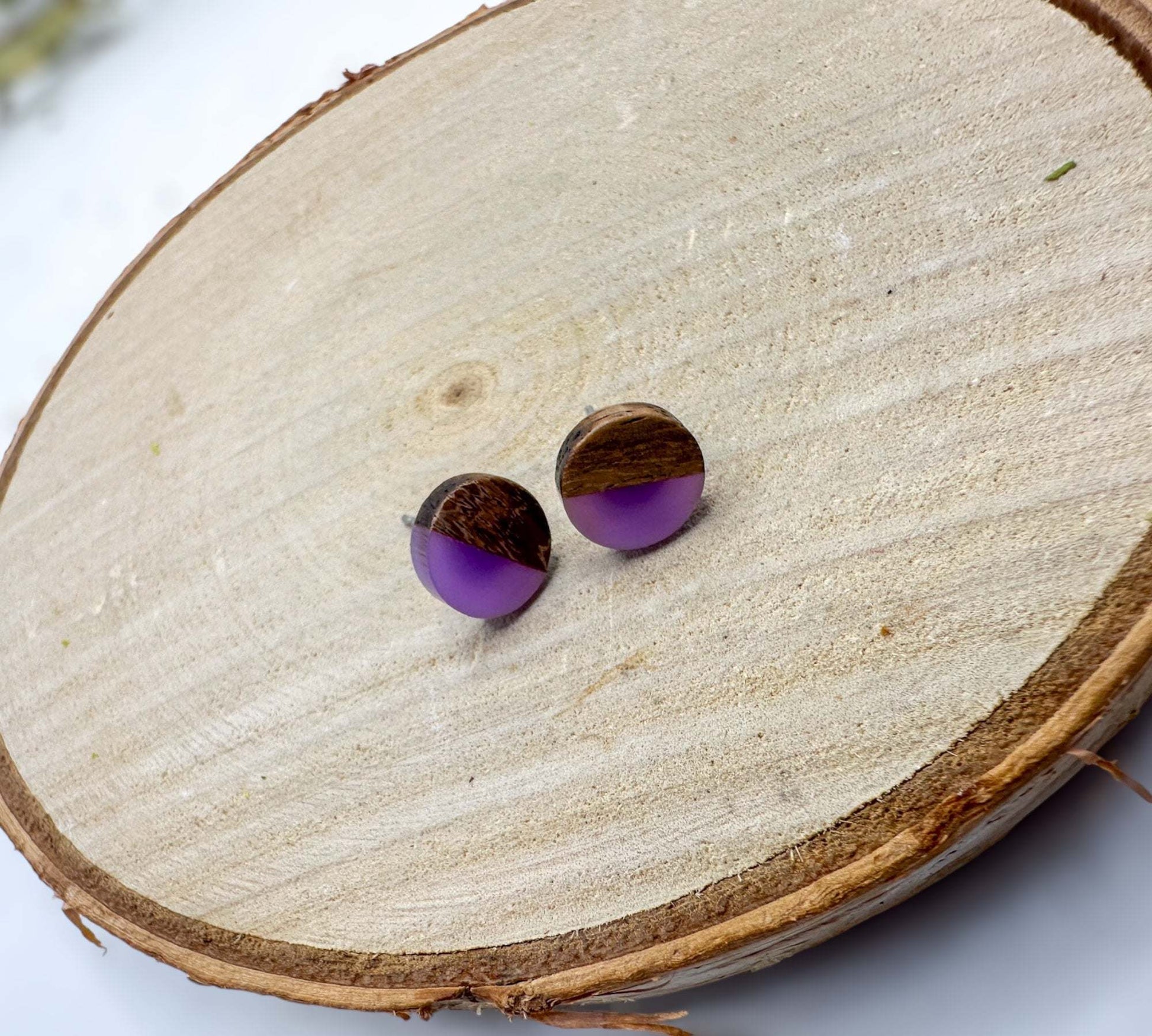 Boho Wood & Resin Earrings - Purple Resin & Wood Hippie Earrings