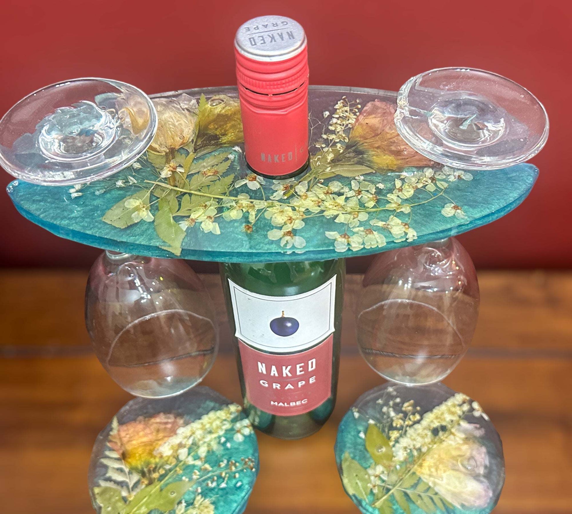 Présentoir à verres à vin avec 2 sous-verres - Thème jardin avec accents bleu sarcelle