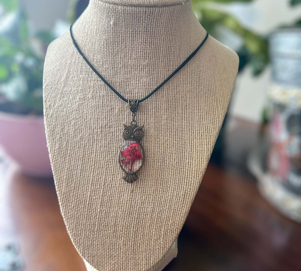 Owl Pendant - Red Blooms and Butterflies - Pressed Flower Necklace