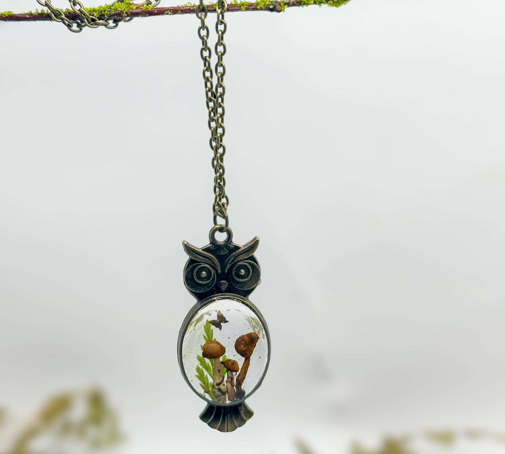 Enchanting Owl Mushroom Forest Pendant - Dried Ferns and Mushrooms