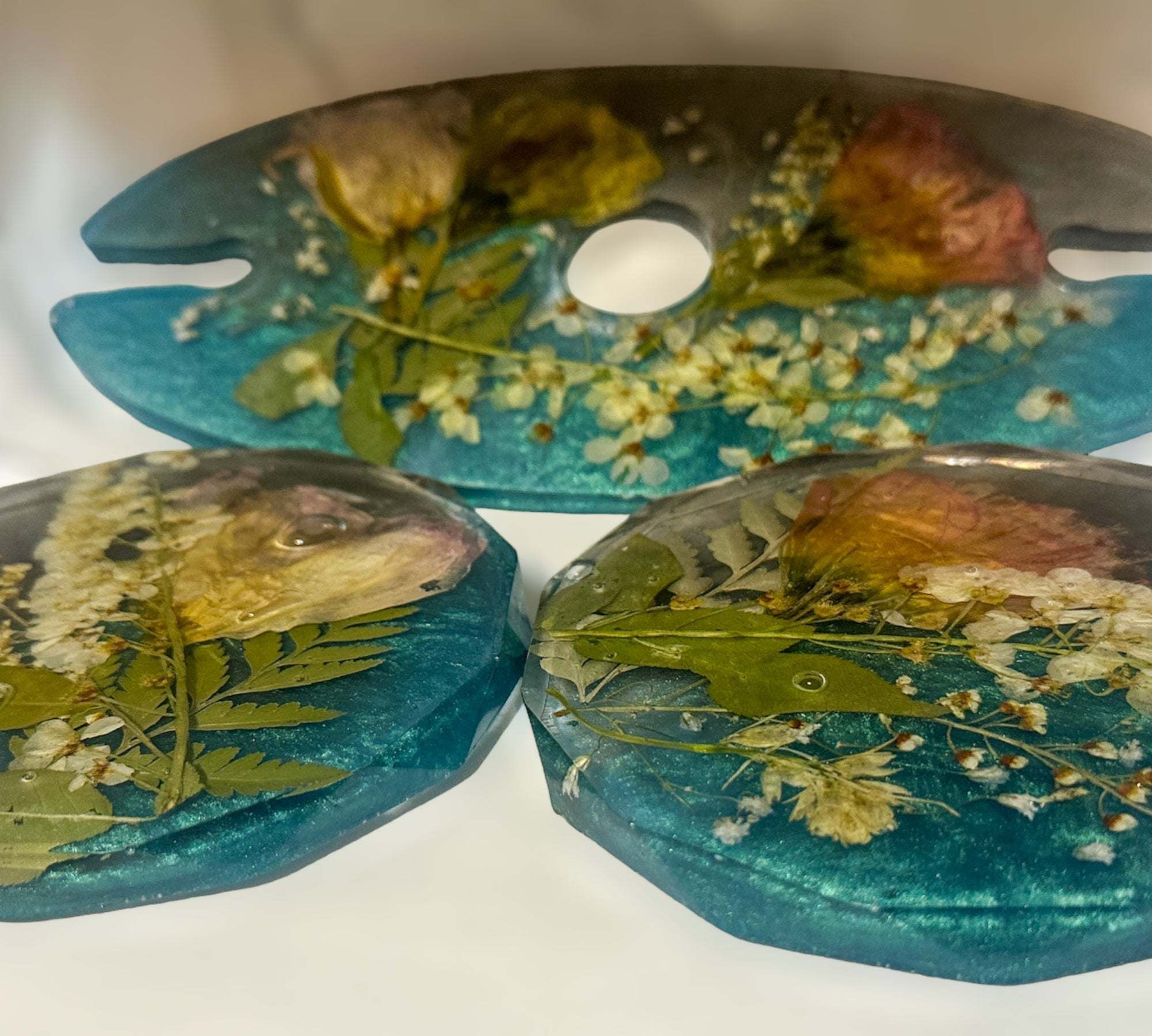 Présentoir à verres à vin avec 2 sous-verres - Thème jardin avec accents bleu sarcelle