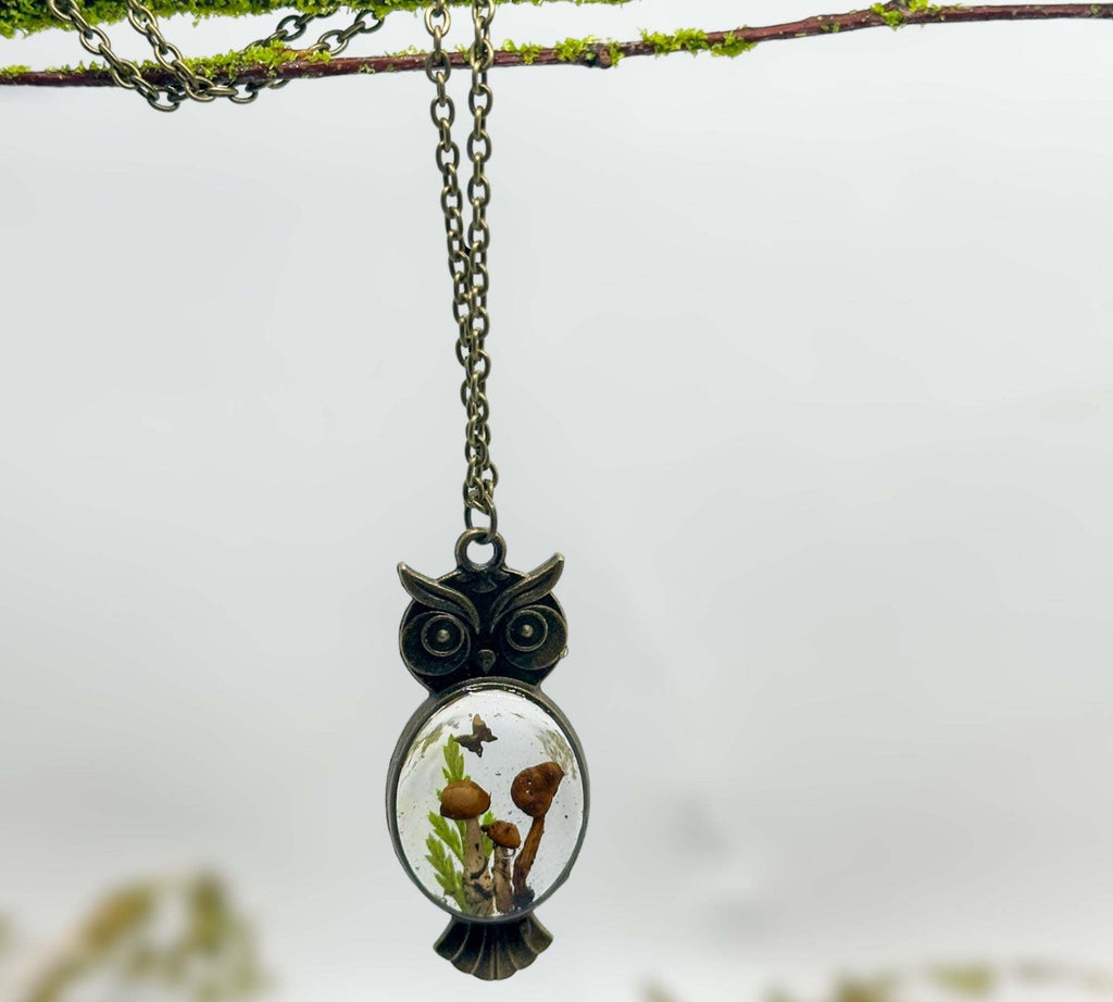 Enchanting Owl Mushroom Forest Pendant - Dried Ferns and Mushrooms