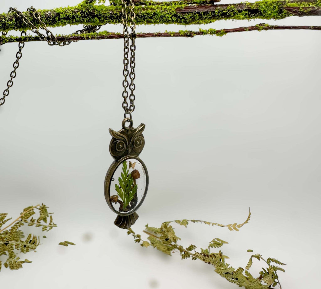 Enchanting Owl Mushroom Forest Pendant - Dried Ferns and Mushrooms