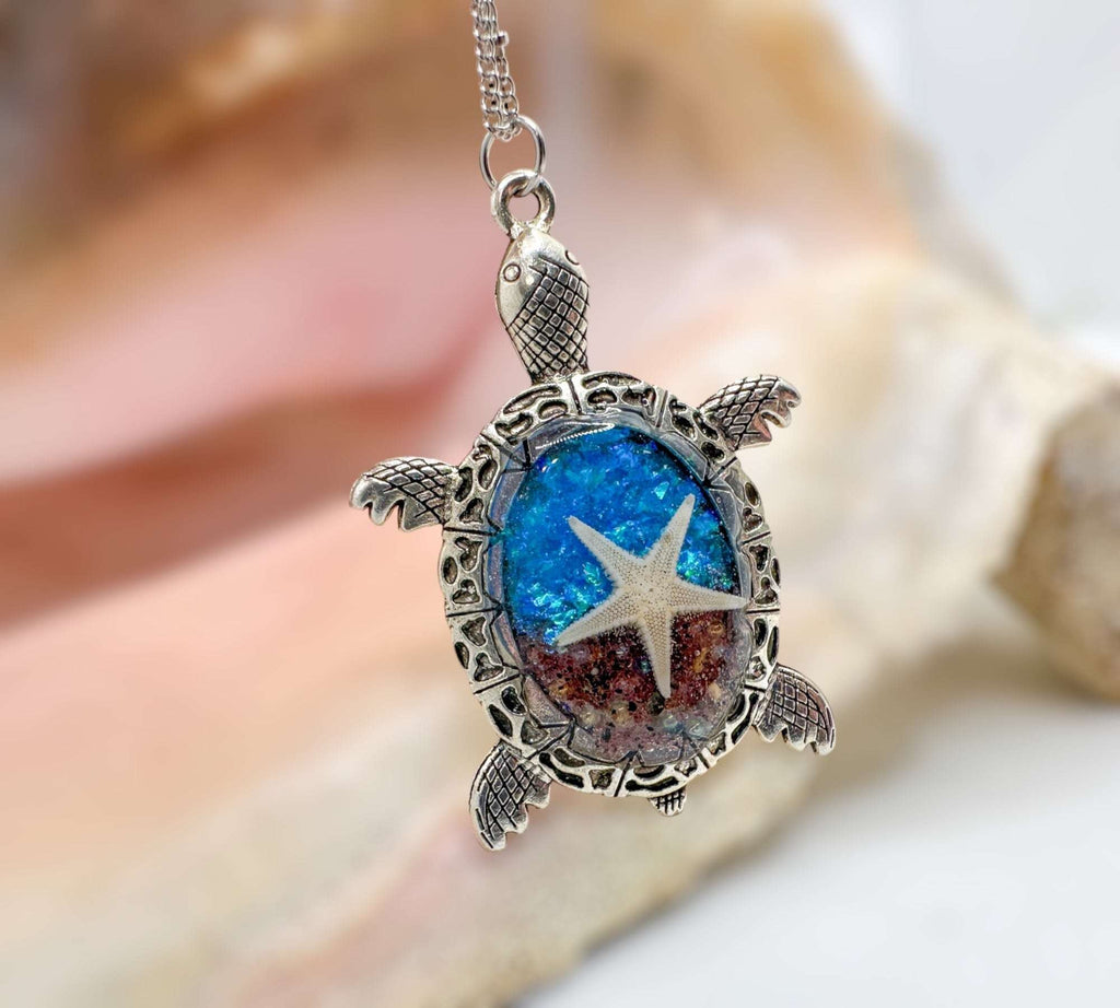 Oceanic Elegance: Turtle-Inspired Pendants with Real Seashells & Sand