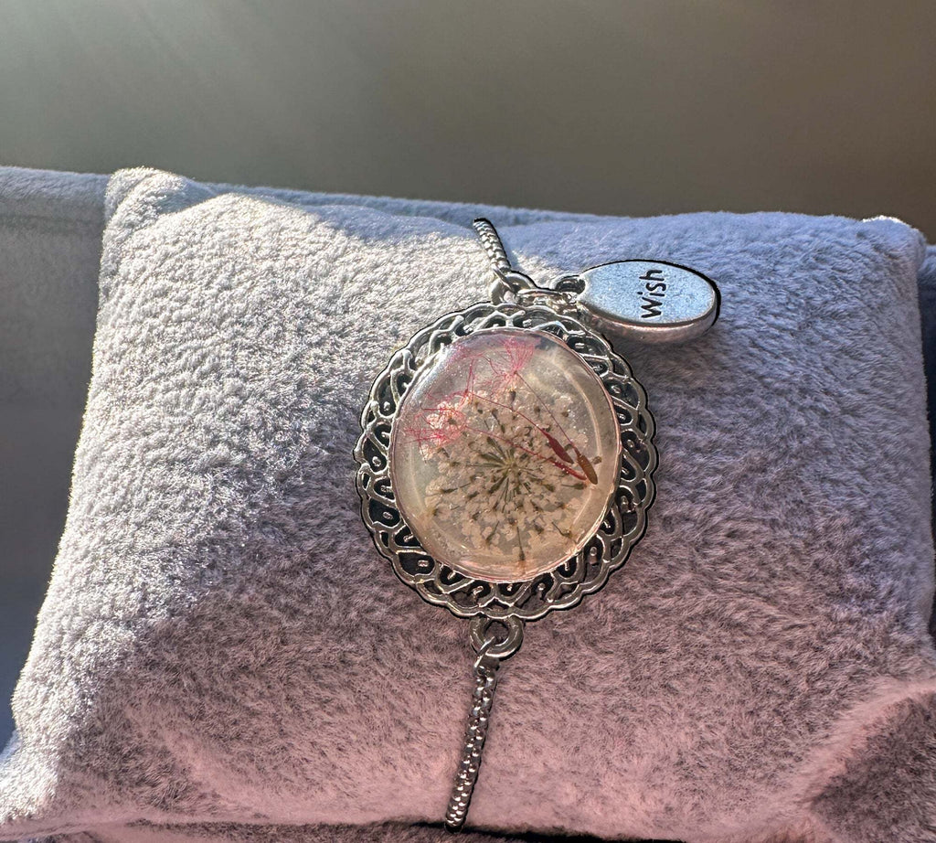 Wishful Whispers - Handmade Nature-Inspired Bracelet with Red Tinted Dandelion Seeds