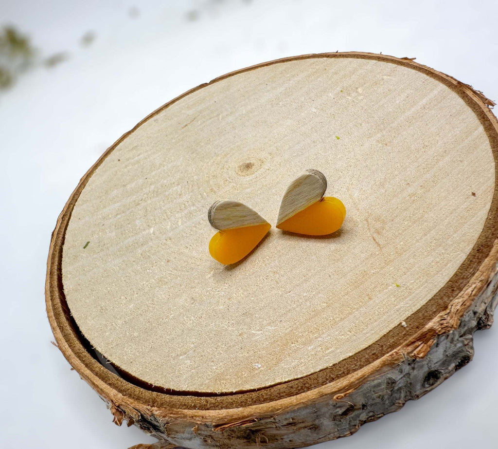 Heartfelt Boho Bliss: Whimsical Wood and Yellow Resin Heart Earrings