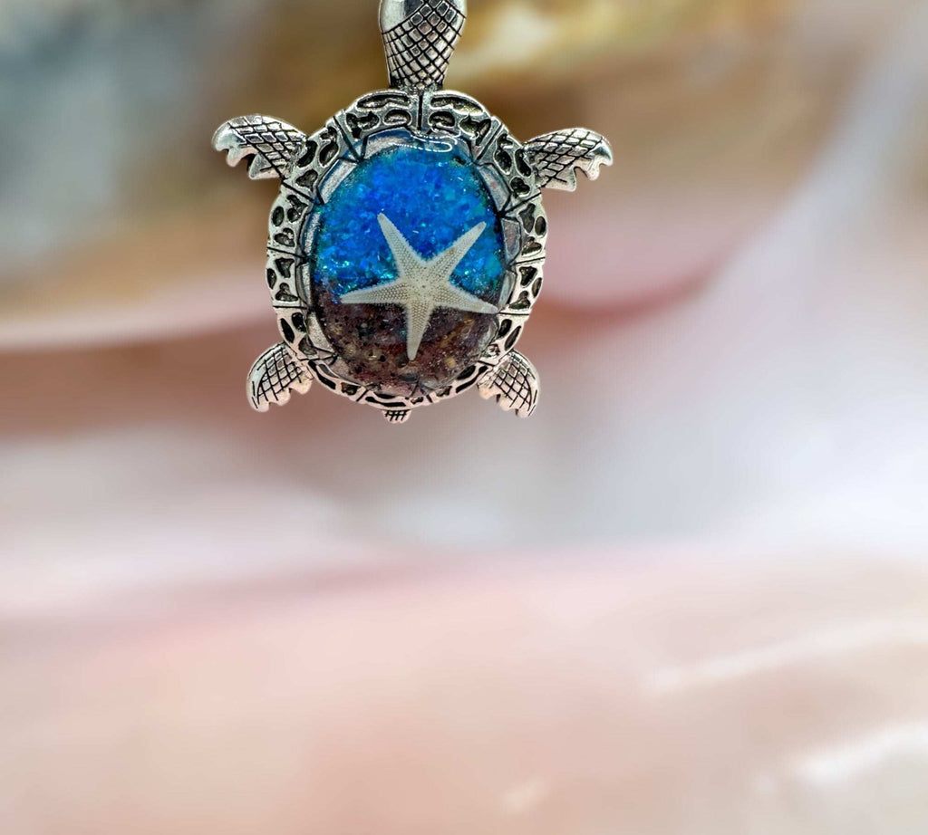 Oceanic Elegance: Turtle-Inspired Pendants with Real Seashells & Sand