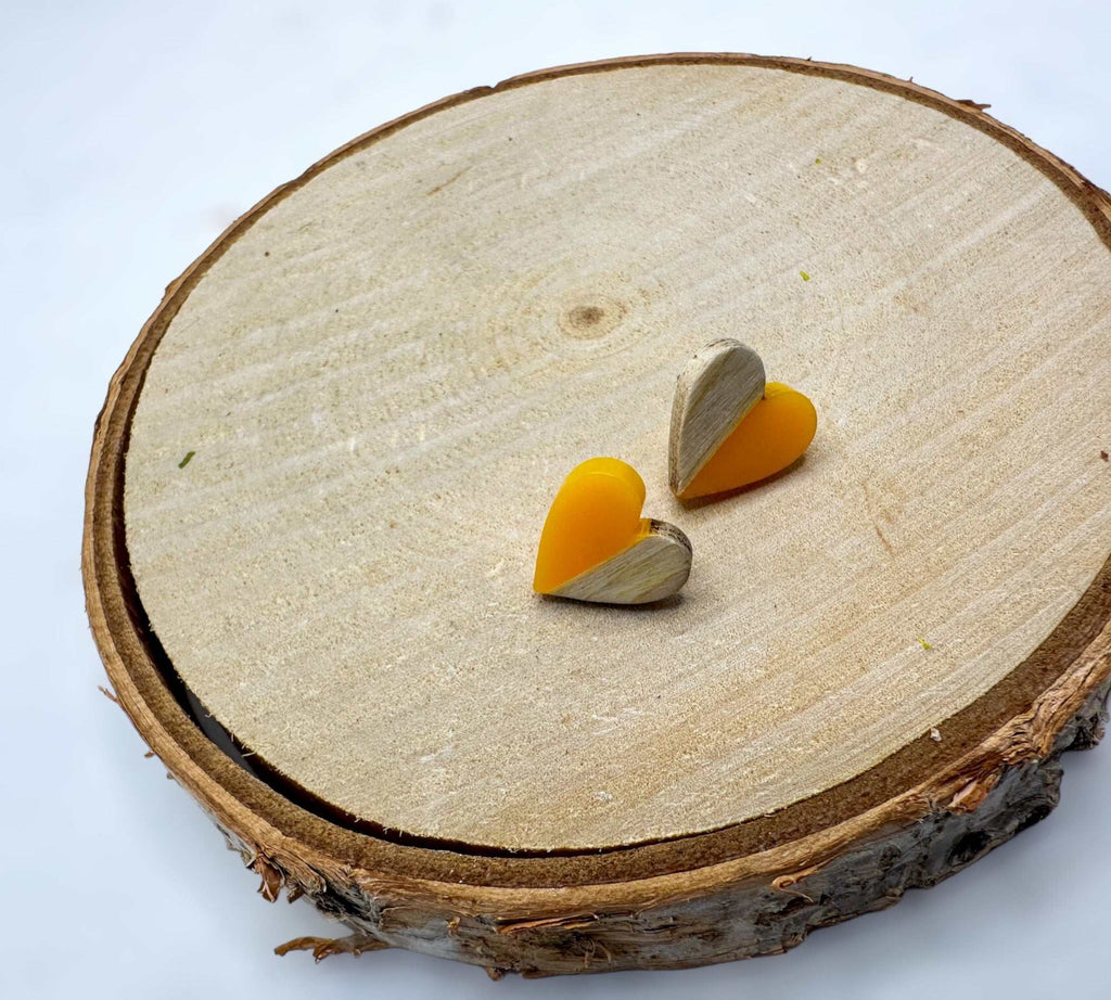 Heartfelt Boho Bliss: Whimsical Wood and Yellow Resin Heart Earrings