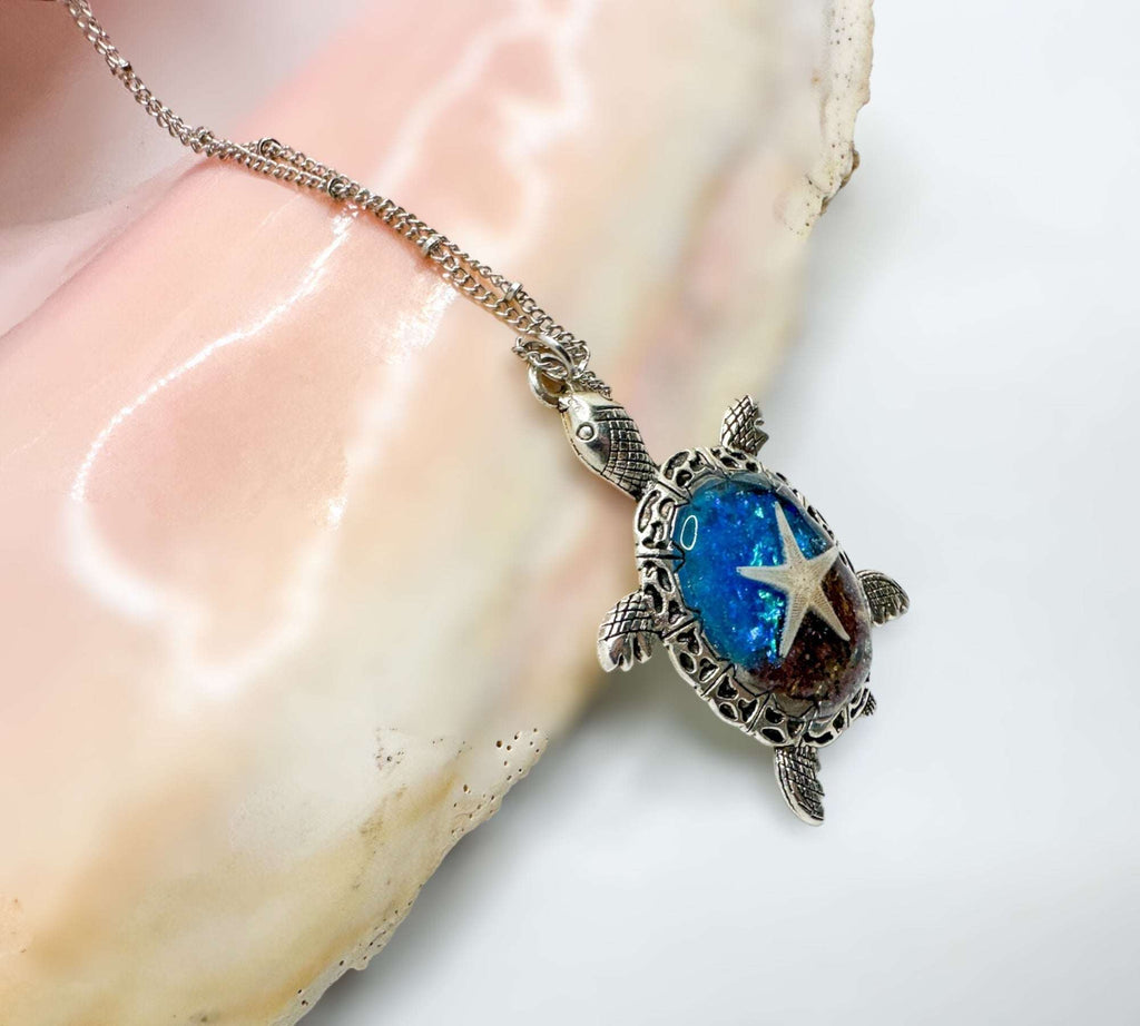 Oceanic Elegance: Turtle-Inspired Pendants with Real Seashells & Sand