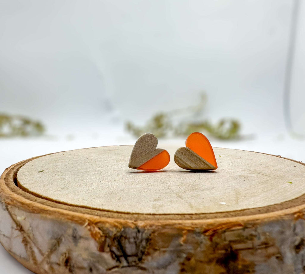 Heartfelt Boho Bliss: Whimsical Wood and Orange Resin Heart Earrings