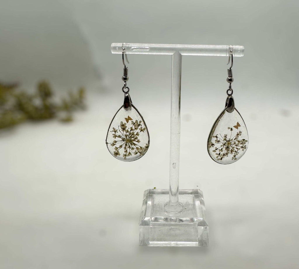 White Blossom Charm - Handmade Pressed Flower Resin Earrings