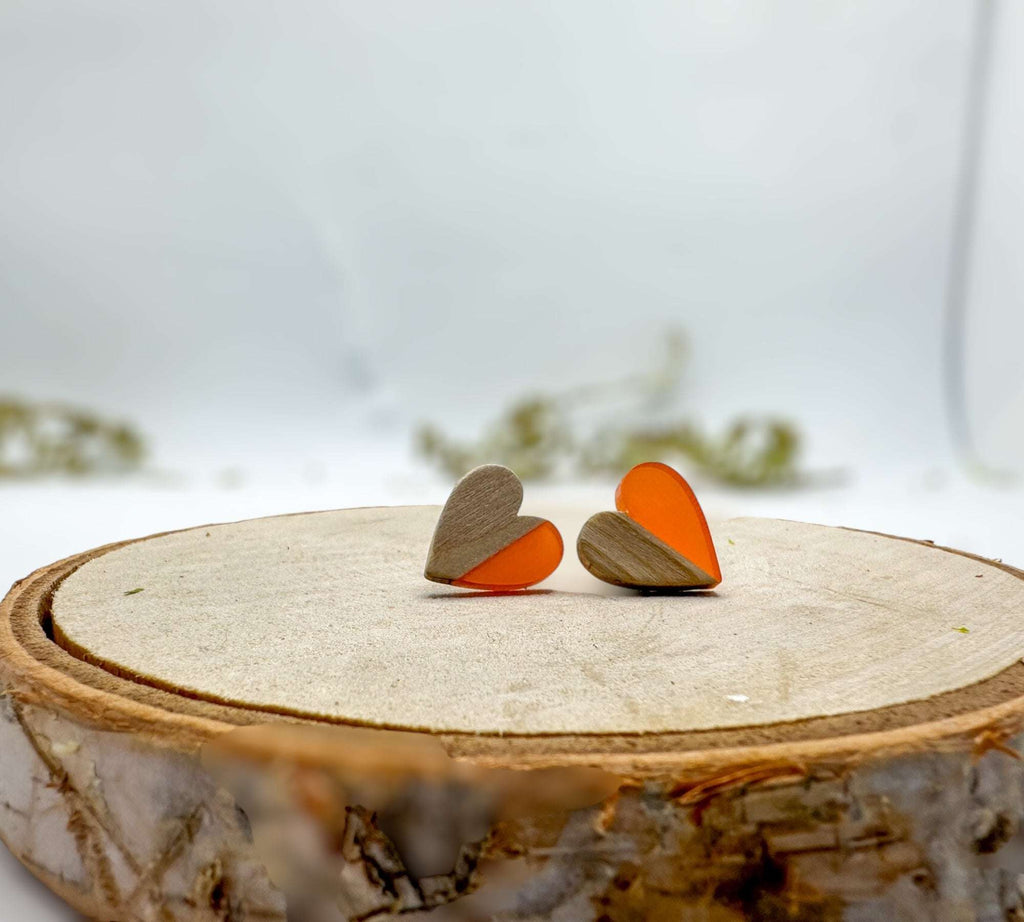 Heartfelt Boho Bliss: Whimsical Wood and Orange Resin Heart Earrings