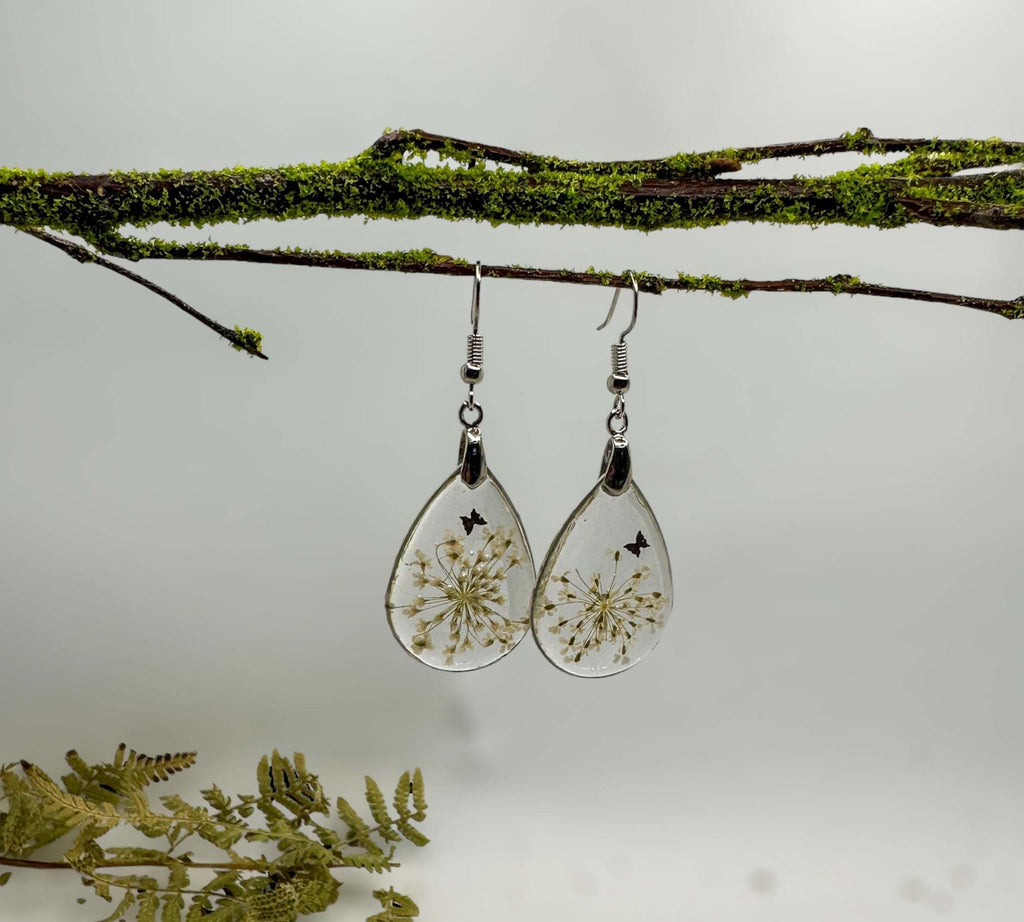 White Blossom Charm - Handmade Pressed Flower Resin Earrings