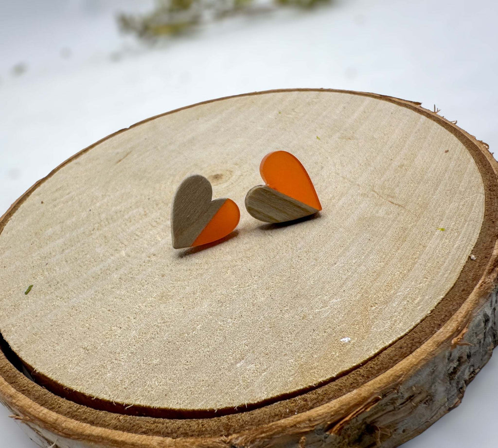 Heartfelt Boho Bliss: Whimsical Wood and Orange Resin Heart Earrings