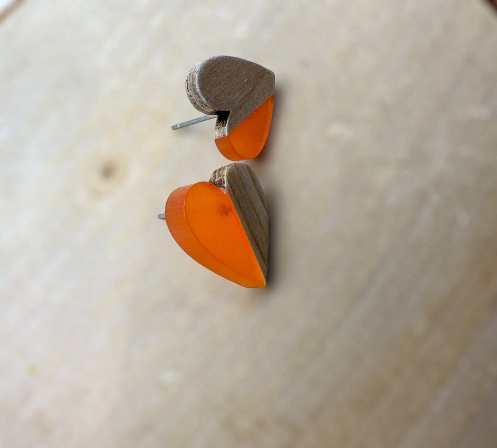 Heartfelt Boho Bliss: Whimsical Wood and Orange Resin Heart Earrings