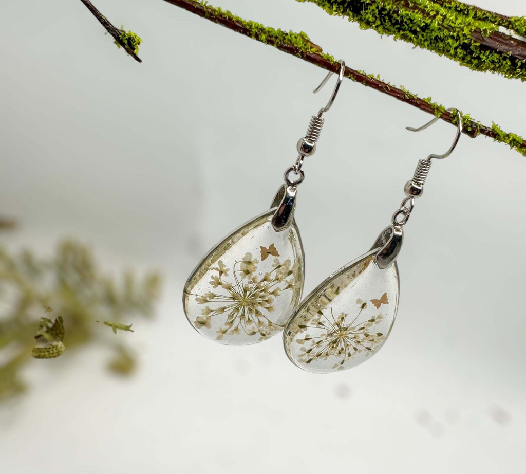 White Blossom Charm - Handmade Pressed Flower Resin Earrings