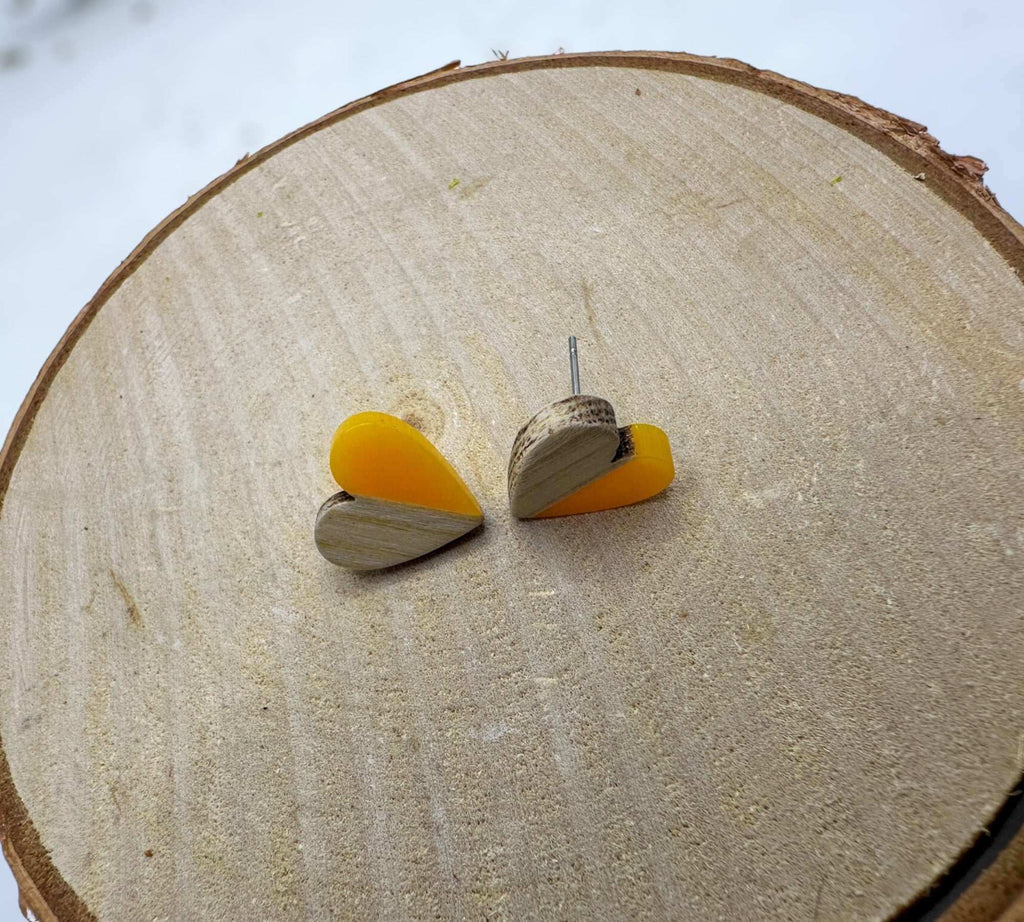 Heartfelt Boho Bliss: Whimsical Wood and Yellow Resin Heart Earrings