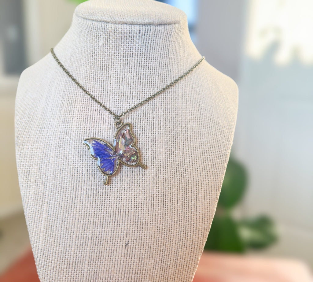 Butterfly Pendant - Dried Flowers & Petals with Mother of Pearl  - Nature's Ballet
