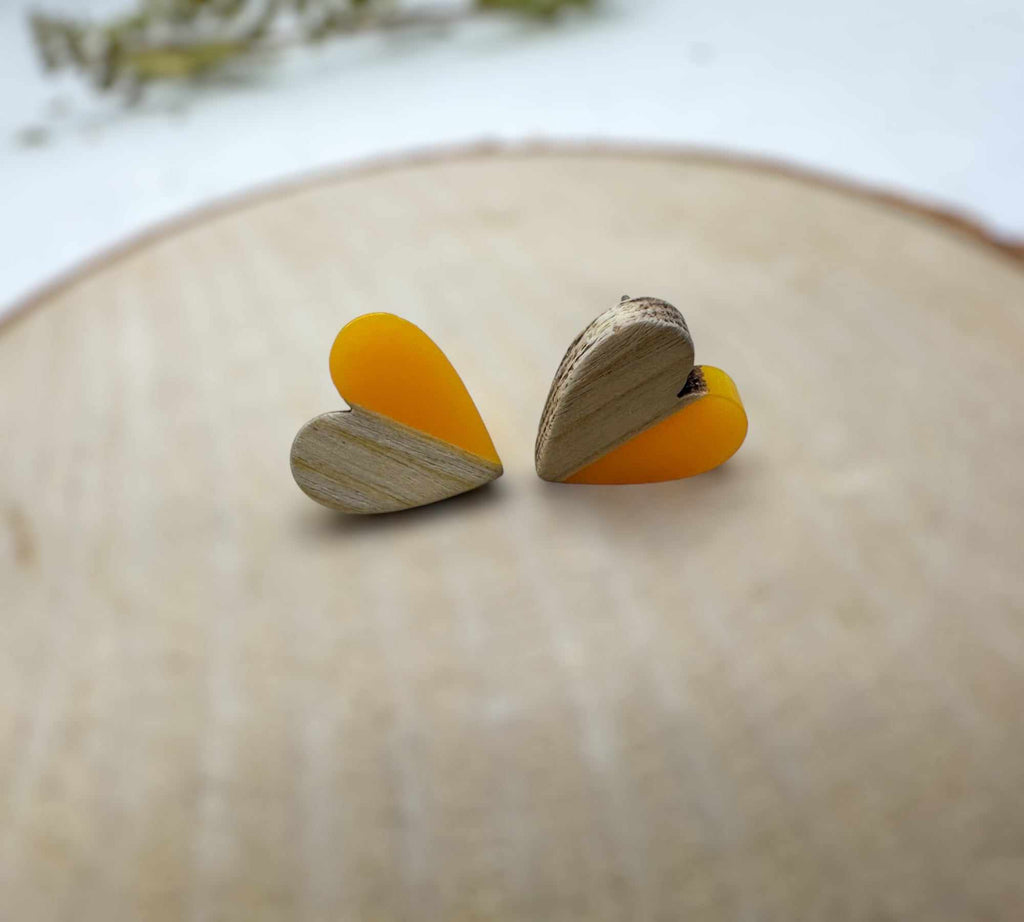 Heartfelt Boho Bliss: Whimsical Wood and Yellow Resin Heart Earrings