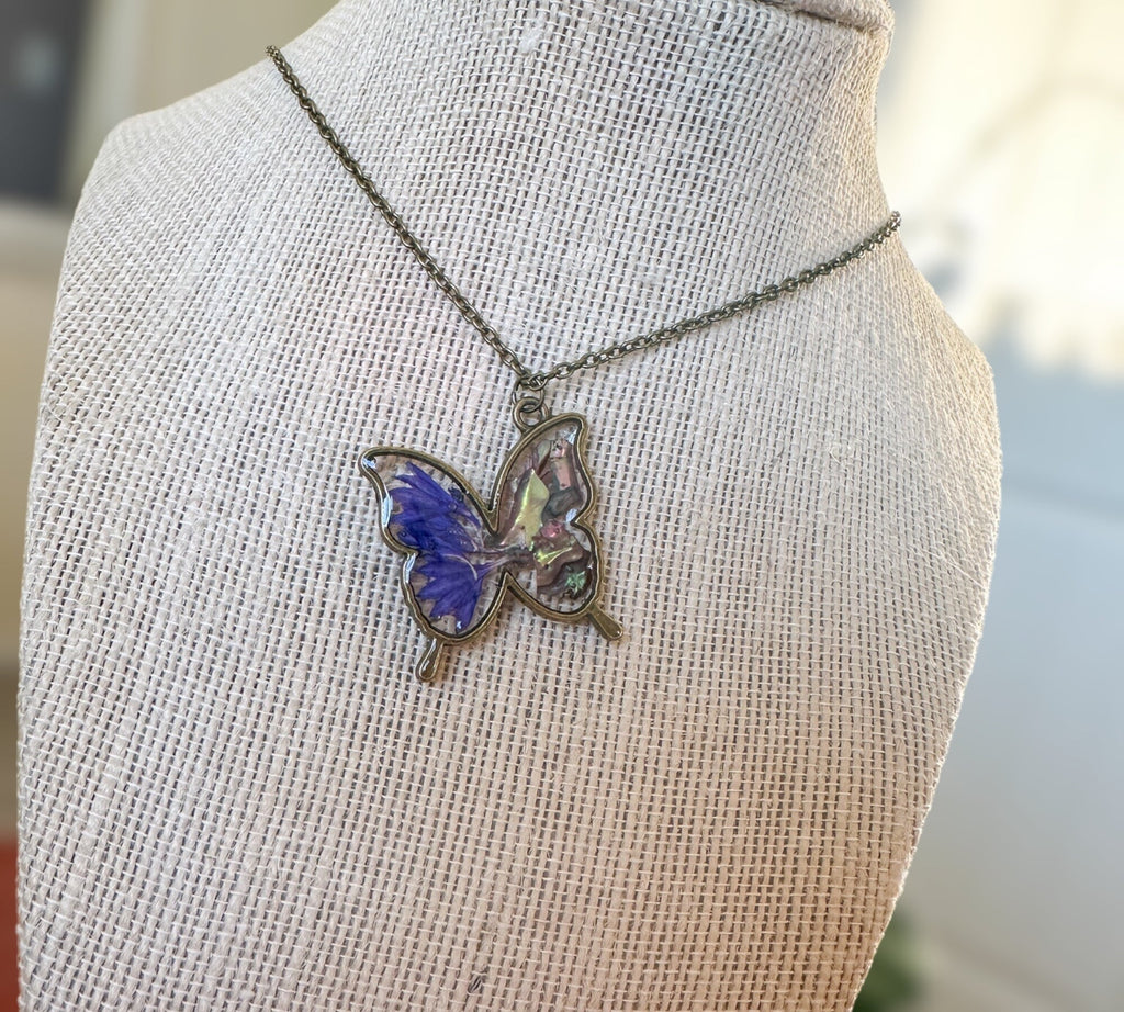Butterfly Pendant - Dried Flowers & Petals with Mother of Pearl  - Nature's Ballet