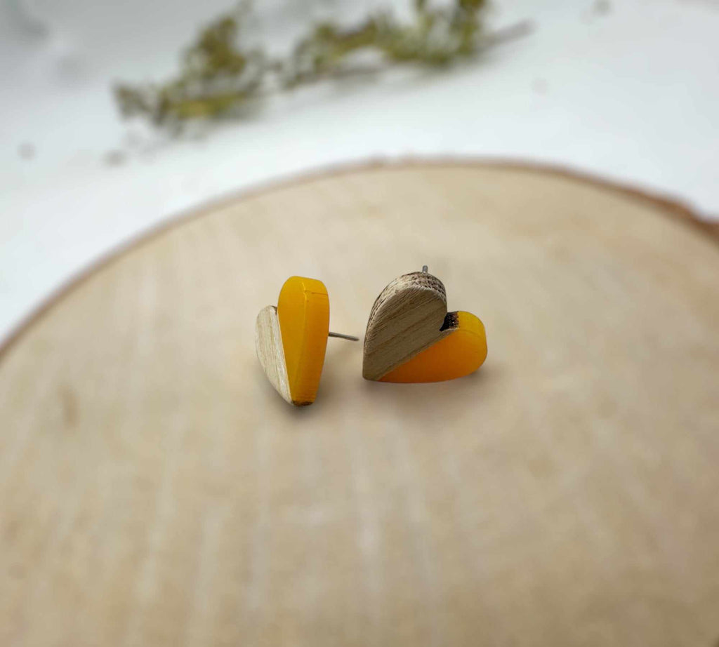 Heartfelt Boho Bliss: Whimsical Wood and Yellow Resin Heart Earrings