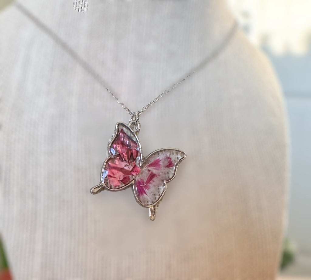 Butterfly Pendant - Dried Flowers & Petals with Mother of Pearl  - Nature's Ballet