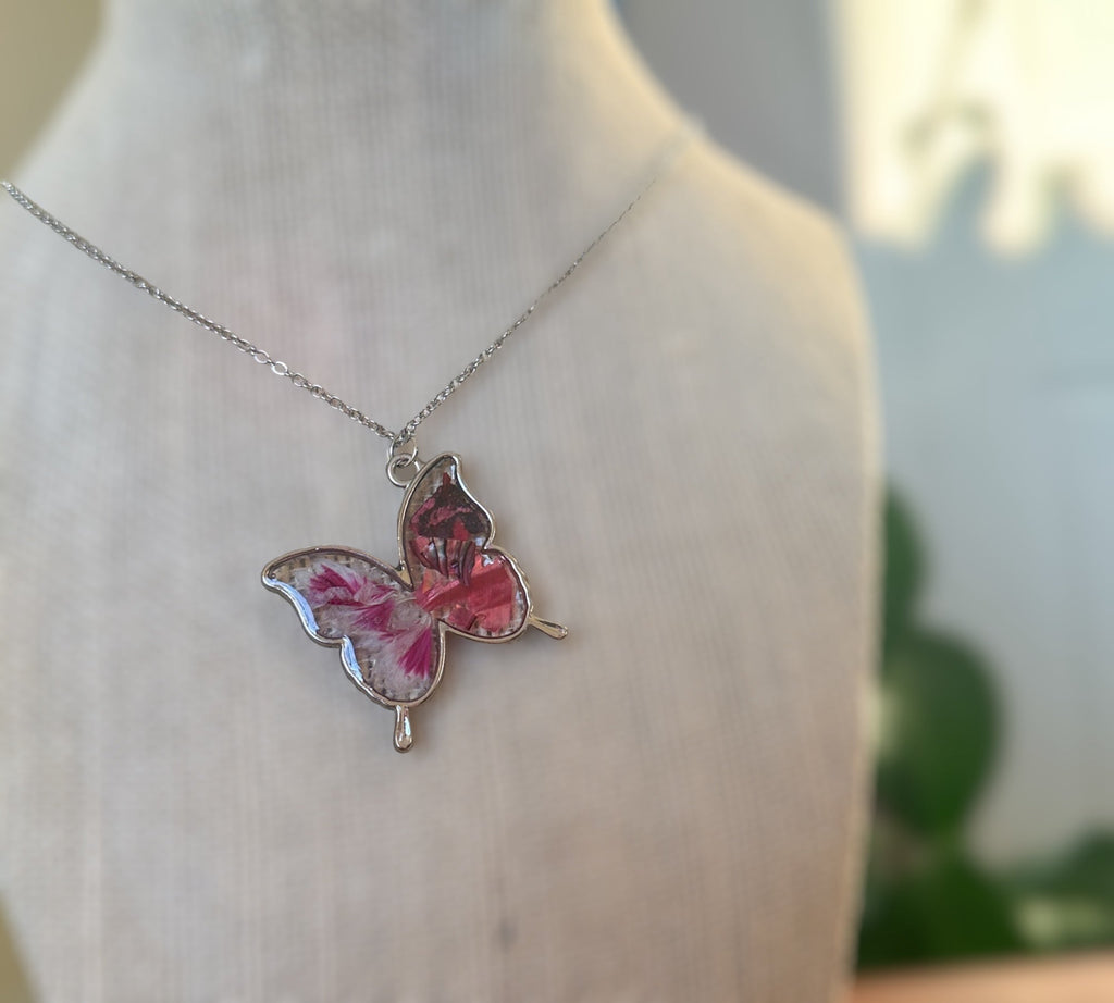 Butterfly Pendant - Dried Flowers & Petals with Mother of Pearl  - Nature's Ballet