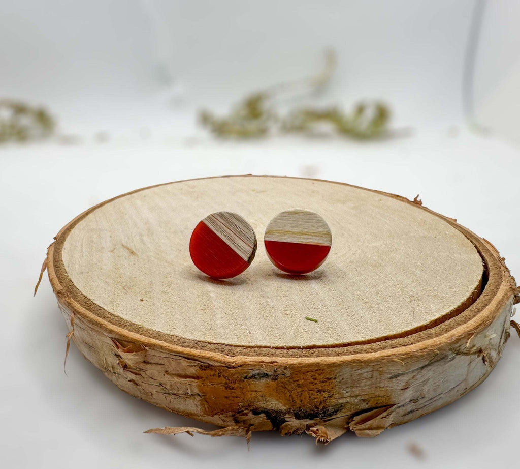 Boho Wood & Resin Stud Earrings - Bohemian Wood and Resin Earrings