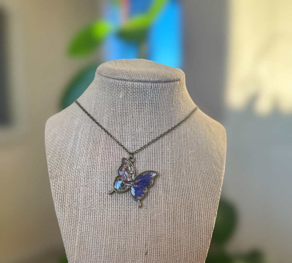 Butterfly Pendant - Dried Flowers & Petals with Mother of Pearl  - Nature's Ballet