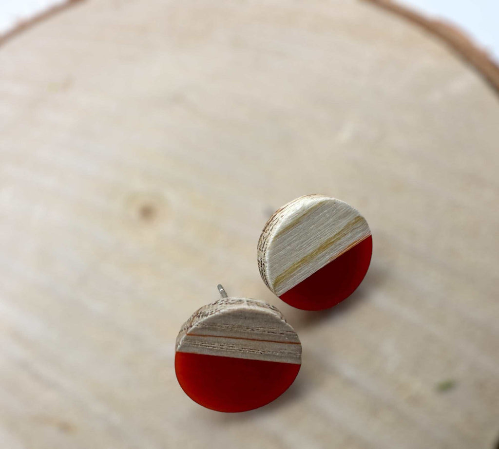 Boho Wood & Resin Stud Earrings - Bohemian Wood and Resin Earrings