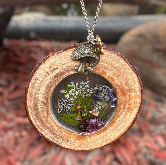 Enchanted Forest Wood Suncatcher - Real Dried Flowers and Mushrooms